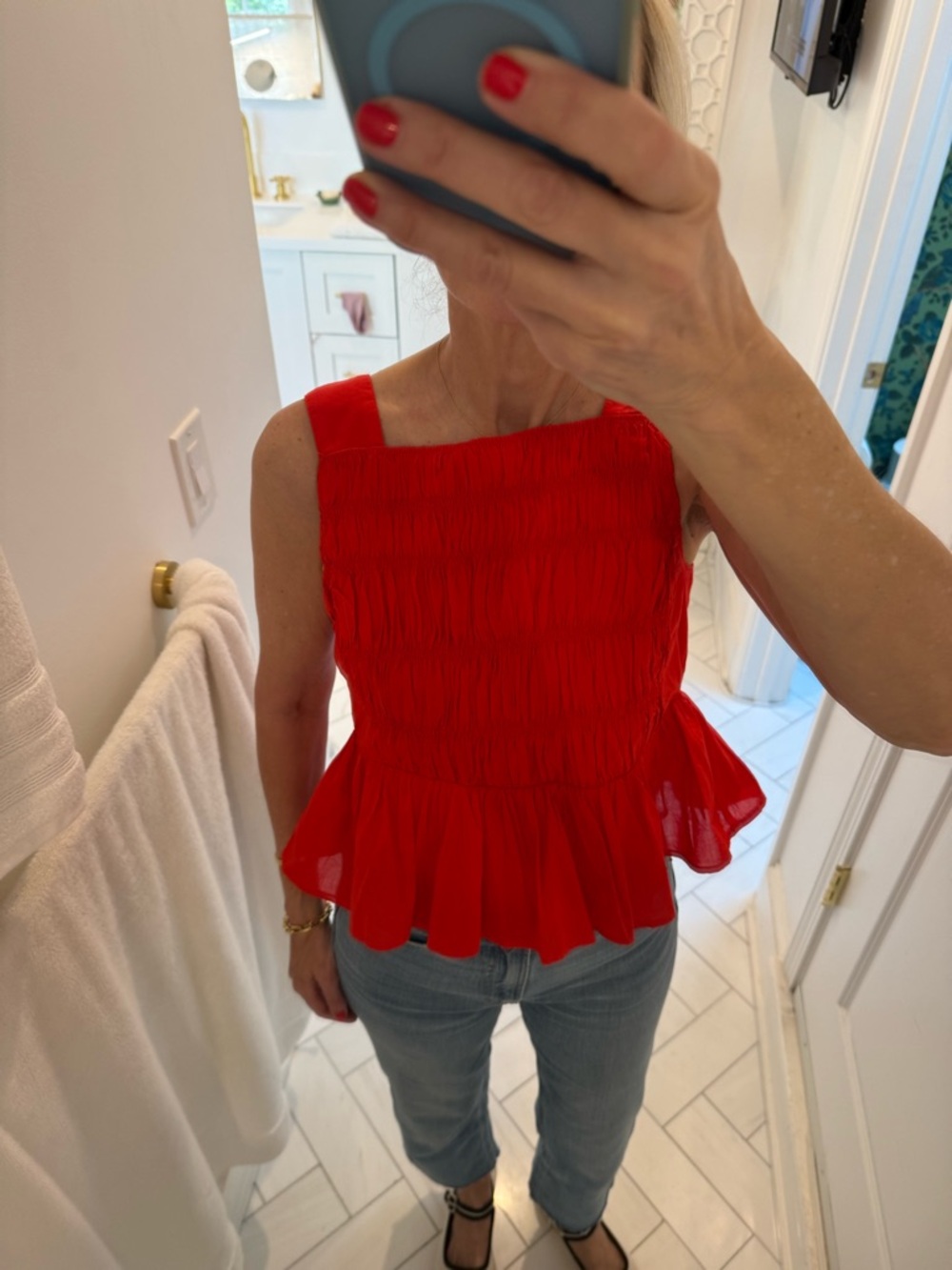 J Crew Red Smocked Peplum Sleeveless Top - Women's